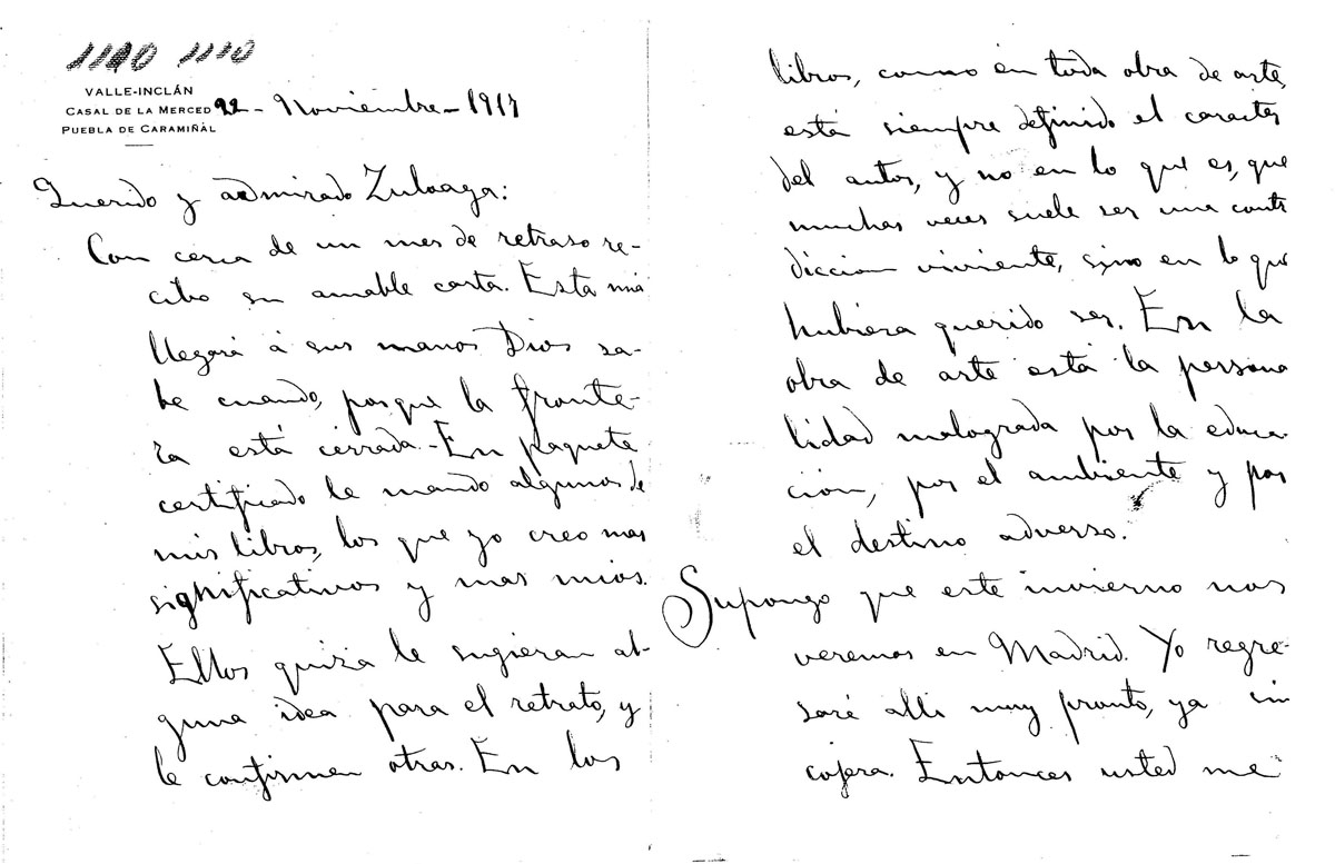 Carta de Valle-Inclán a Ignacio Zuloaga, noviembre de 1917